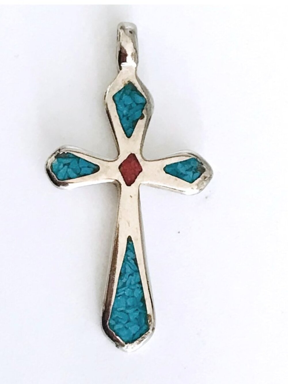 Vintage Silver & Turquoise Chip Inlay Cross Pendant Religious Christianity